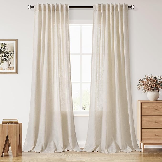 Nanspring Modern Farmhouse Decor Curtains 96 Inches Long for Living Room Linen Cream Beige Luxury Light Filtering Semi Sheer Curtain Back Tab Coastal Drapes for Bedroom Office 52x96, 2 Panels