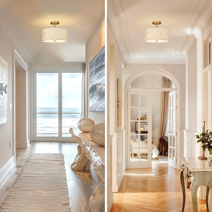 13" Semi Flush Mount Ceiling Light Fixture, Modern Drum Ceiling Light with Textured Linen Fabric Shade and Gold Base, 3-Light Farmhouse Lighting for Bedroom, Kitchen, Entryway, Living Room