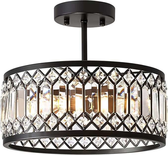 Crystal Ceiling Light Fixture, Modern Semi Flush Mount Ceiling Light, Black Lighting Chandelier for Kitchen, Bedroom, Dining Room, Hallway, 3-Light, 12.2 Inch