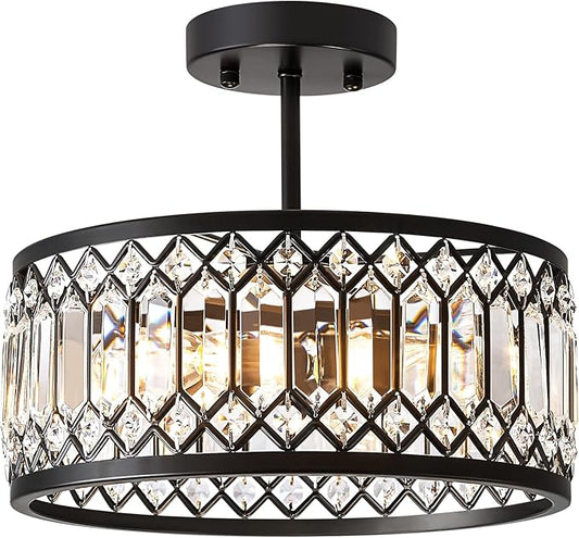 Crystal Ceiling Light Fixture, Modern Semi Flush Mount Ceiling Light, Black Lighting Chandelier for Kitchen, Bedroom, Dining Room, Hallway, 3-Light, 12.2 Inch