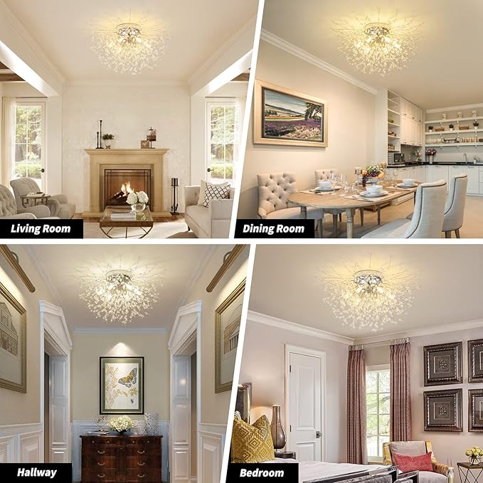 CM MZY Chrome Firework Flush Mount Ceiling Light Fixture, Modern Crystal Sputnik Firework Ceiling Lights, 6-Light Close to Ceiling Lighting Fixtures for Bedroom Kitchen Hallway Entryway