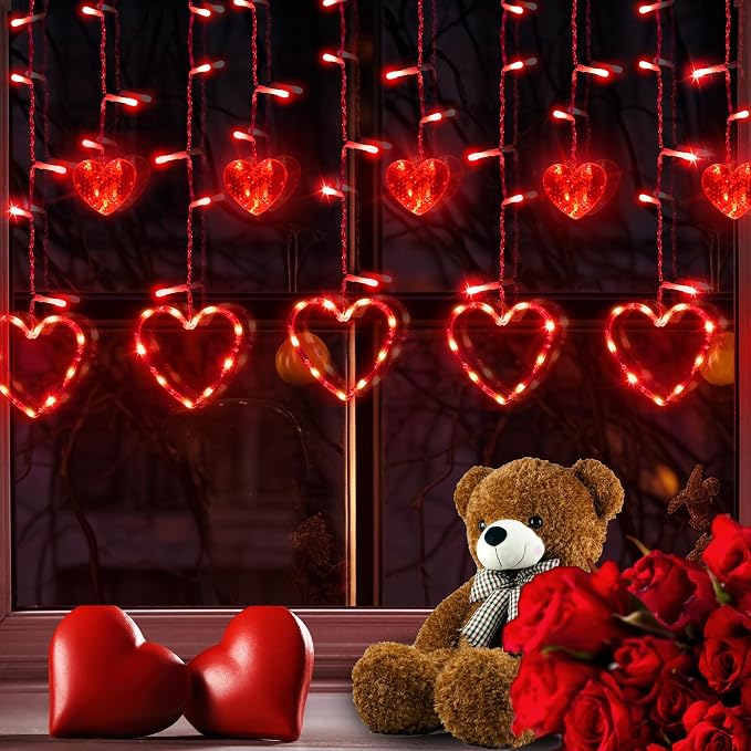 Valentine's Day Red Curtain Lights with 12 Hearts, 138 LED Heart-shaped String Lights 8 Lighting Modes, Plug in Waterproof Valentines Day Lights for Indoor Outdoor Party Wedding Valentine's Day Decor