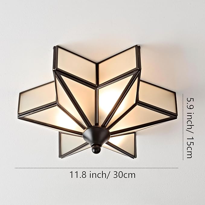 LIGHTLAND 11.8 Inch Flush Mount Star Ceiling Light, 3 Lights Brass Ceiling Lamp with Glass Lampshade, Art Deco Close to Ceiling Light Fixtures for Entryway Hallway Porch, Black