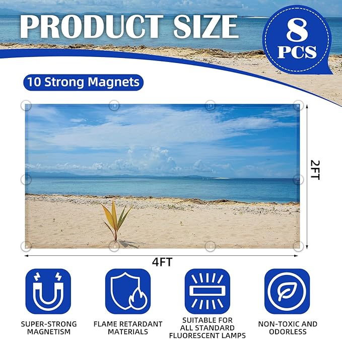 ANGSYLTH 8 Pcs Fluorescent Light Covers - 4 x 2 Feet Covers for Ceiling Lights, Magnetic Light Filters for Classroom, Office, Hospitals, Home (Summer - Beach)