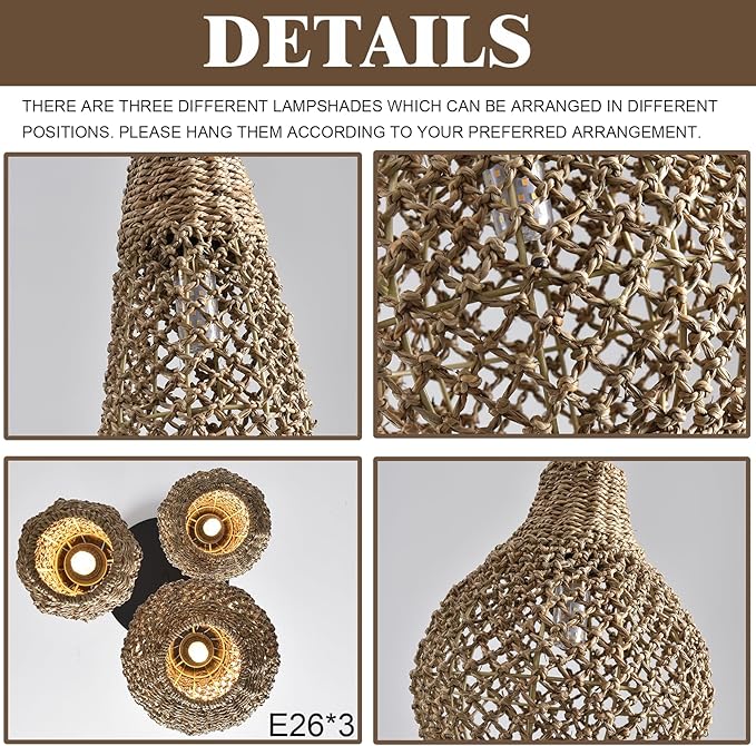 3-Lights Rattan Pendant Light Fixture,Boho Hand Woven Wicker Seagrass Farmhouse Ceiling Hanging Lighting,for Kitchen Island Dining Room, Restaurant, Hallway, Foyer,