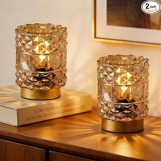 Battery Operated Lamp with Timer, Cordless Table Lamps for Shelf Decor, Rhombus Texture Aesthetic Crystal Lamp, Small Decorative Lamps for Bedroom/Bathroom/Kitchen/Entryway/Dorm (2 Pack Yellow)