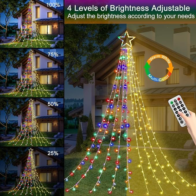 DANLI Outdoor Christmas Decoration Star String Lights,320 LED 16.4ft Christmas Lights Waterfall Tree Lights with 13" Topper Star,Plug-in Hanging Fairy Lights for Xmas New Year Holiday Party