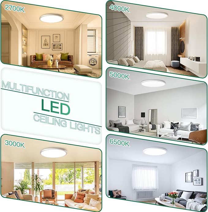 Brightever 15 Inch Large Flush Mount Ceiling Light Fixtures, 3800LM 300W Equivalent, 2700K-6500K Selectable, 0.67 Inch Extremely Thin 30W Modern Dimmable Flat LED Ceiling Lights for Bathroom, 2 Packs