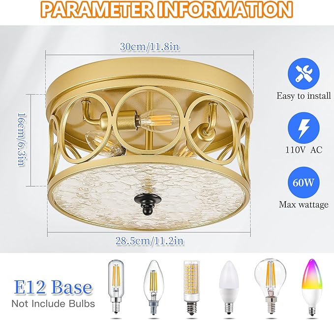 3-Light Flush Mount Ceiling Light Fixture, 11.2in Gold Metal Farmhouse Ceiling Lighting with Clear Glass & E12 Socket, for Kitchen Island, Bedroom, Entryway, Dining Room