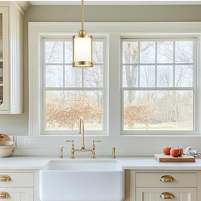 Brushed Gold Milk Glass Pendant Light Kitchen Island,Modern Brass Mini Pendant Lighting,Farmhouse Art Deco Chandelier Hanging Light Fixtures Over Sink for Dining Room