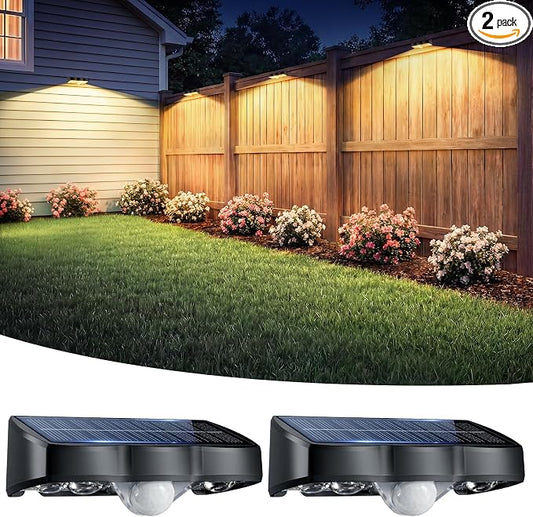 Solar Fence Lights Outdoor with Motion Sensor, 2 Pack Warm White Fence Lights Solar Powered 3 Modes IP65 Waterproof Dusk to Dawn Outdoor Lights for Patio Deck Wall Backyard Garden Decorative