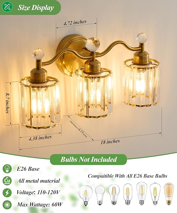 Bathroom Vanity Light Fixtures 3-lights, Gold Crystal Vanity Lights for Bath, Bathroom Lights Fixture with Clear Crystal Glass Shade, Modern Wall Light over Mirror, Wall Sconces Light for Hallway