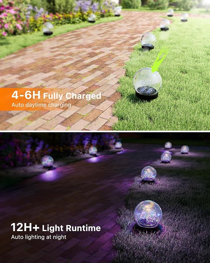 4 Pack 4.72" Multicolor Solar Powered Cracked Glass Ball Lights Outdoor Waterproof RGB Ambiance Orbs Lamps for Outside Garden, Patio, Table, Walkway, Stairs, Lawn, Landscape Decor with Durable Stakes