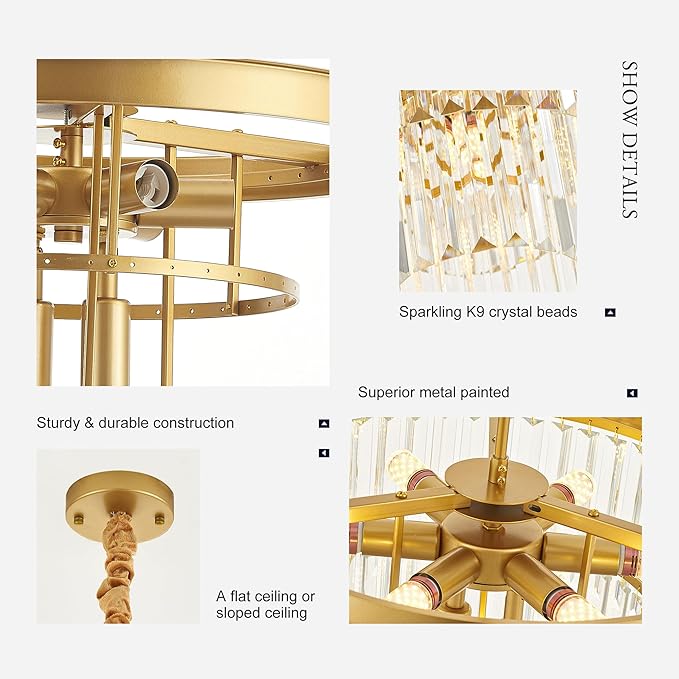 8-Light Gold Crystal Pendant Light, 3-Tier 17.76" Luxury Crystal Pendant Light Perfect for Dining Room, Bedroom, Kitchen, Living Room