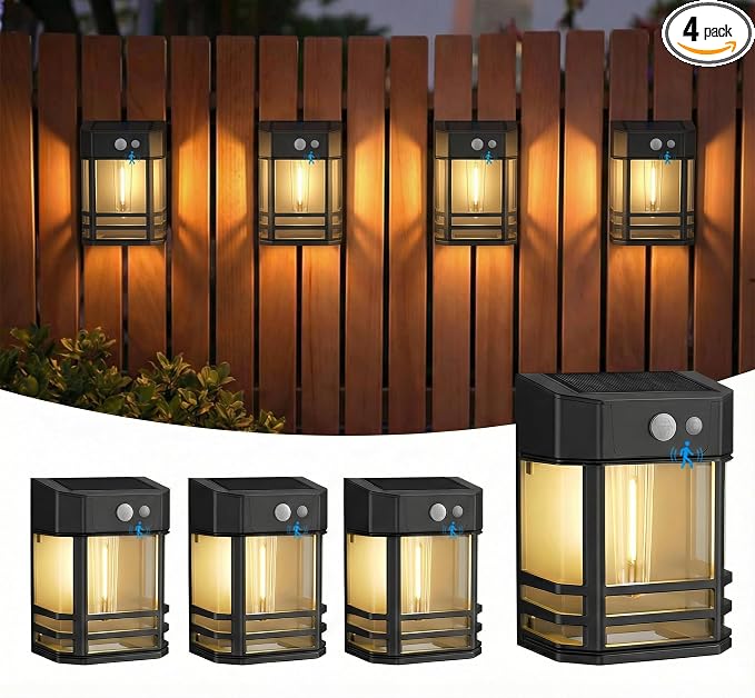 btfarm Solar Fence Lights, 4 Pack Motion Sensor Lights Outdoor, 3 Lighting Modes Dusk to Dawn Solar Deck Lights, IP65 Waterproof for Fence Post Wall Stairs Patio Backyard