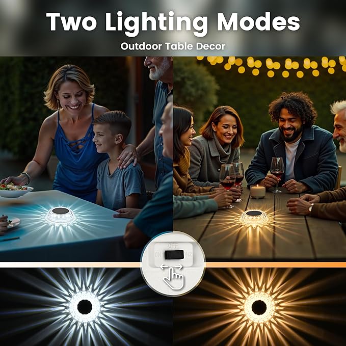 SOLPEX Solar Powered Outdoor Table Lights, Waterproof LED Disk Lights with 2 Lighting Modes, Night Light for Garden, Party, Yard, Table Decor (2 Pack)