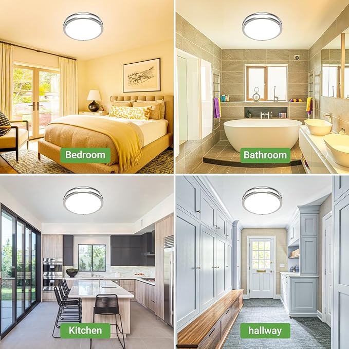 zemty 2Pack 13Inch Brushed Nickel LED Flush Mount Ceiling Lights, Dimmable 3000K-6500K, 24W 2400LM Damp-Rated Stainless Steel Light Fixture for Kitchen Bathroom Bedroom Closet Laundry