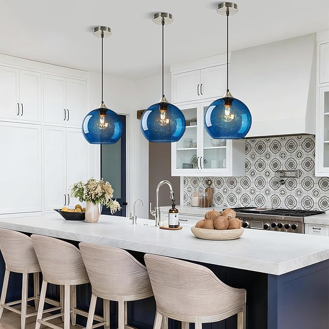 9.1in Large Blue Glass Pendant Light for Kitchen Island, 3-Pack with Extra LED Bulbs & 4.92ft Adjustable Cord | Modern Minimalist Lighting for Dining Room, Living Room, Entryway