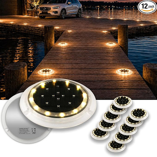 SHONELIGHTING Solar Dock Lights Outdoor Waterproof, Flat Low Profile Disc LED for Deck, Driveway, Ground & Pathway, Anti-Slip & Anti-Trip (Warm White, 12Pack)