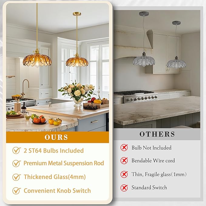 Mid Century Modern Pendant Light 2 Pack Hanging Adjustable Pendant Lights with Brushed Gold Fixture Amber Flower Glass Vintage Chandelier for Kitchen Island Bedroom Dining Room（Bulb Incl.）