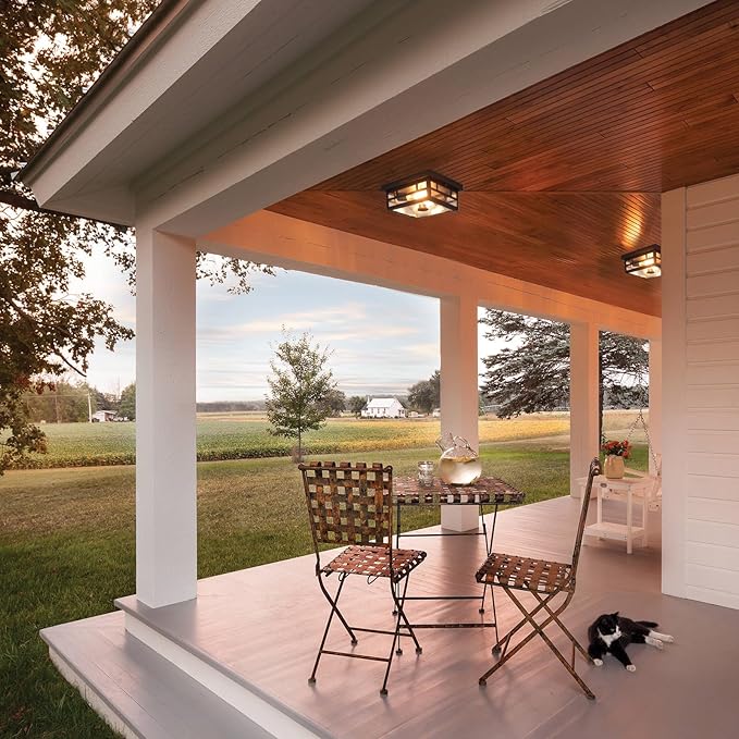 Outdoor Flush Mount Motion Sensor Ceiling Light - Timeless Industrial Design with Seeded Clear Glass for Your Porch, Driveway, Covered Patio, Farmhouse, and Entryway