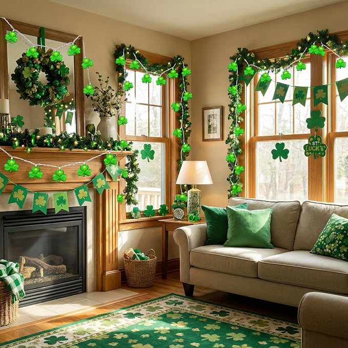 20 LED Clear Green Shamrock String Lights, 12FT St Patricks Day Lights String Outdoor Waterproof with 20 LED Light for Rish Shamrock St Patrick's Day Party Indoor Home Window Porch Garden Decorations