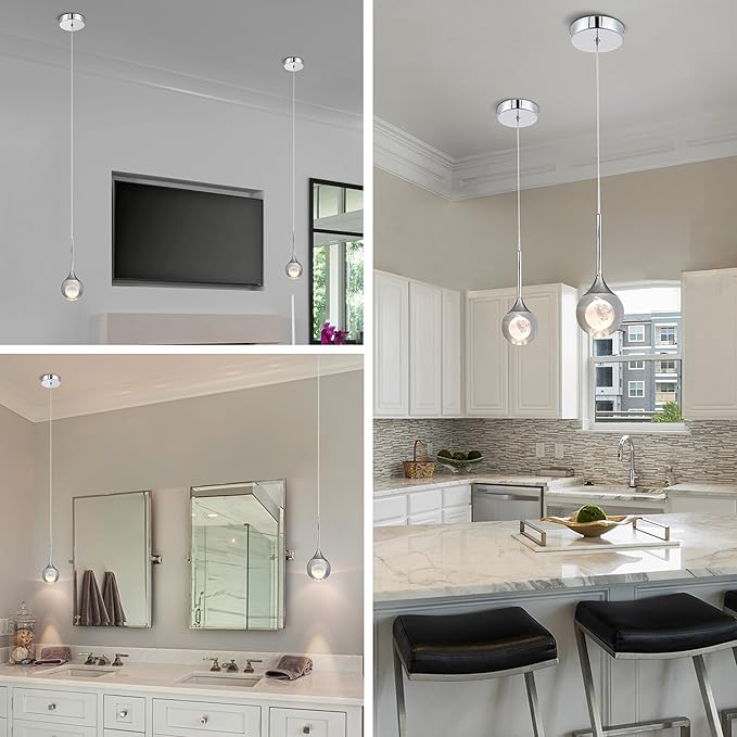 Sedelan Moon Crystal Pendant Light，Modern 2 Pack Pendant Lights Kitchen Island, Dimmable 3000K Dining Room Light Fixture, Pendant Lighting for Bedroom, Bar, Living Room,5W Chrome Adjustable Height