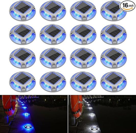 VOLISUN Solar Driveway Lights Dock Marine Lights 16 Pack,2 Colors in 1,Outdoor LED Deck Light,Solar Powered Waterproof Warning Step Light for Driveway Sidewalk Pathway (Blue/White),Saltwater Resistant