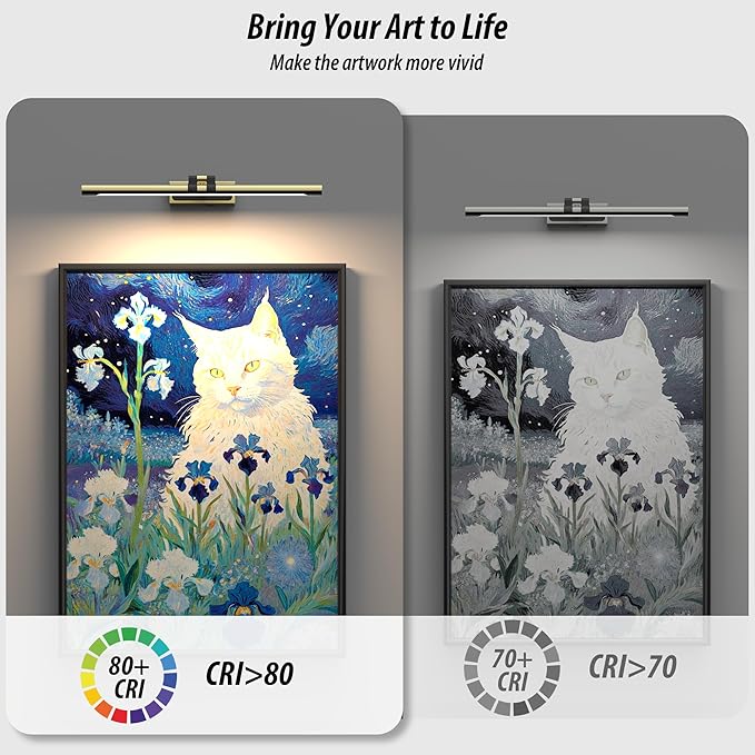 Brass Picture Light for Wall - 21inch Dimmable & Rechargeable Art Light with Single Swing Arm, 25H Light Time, Angle Adjustable, 3 Color Temperatures Timer - Perfect for Paintings and Home Decor