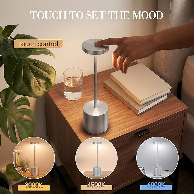 Silver Cordless Table Lamp Set of 2, 5000mAh Rechargeable Lamp with Touch Control & Stepless Dimming, 3 Light Modes, IP54 Waterproof Portable Light for Dining Table, Patio, Bathroom, Power Outage