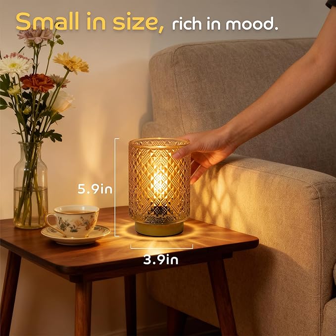 LUSHARBOR Battery Operated Lamp with Timer, Small Table Lamp Bedside Decor Ambient Light, Glass Cordless Battery Lamp for Bookshelf Living Room Entryway Diamond Design-Amber