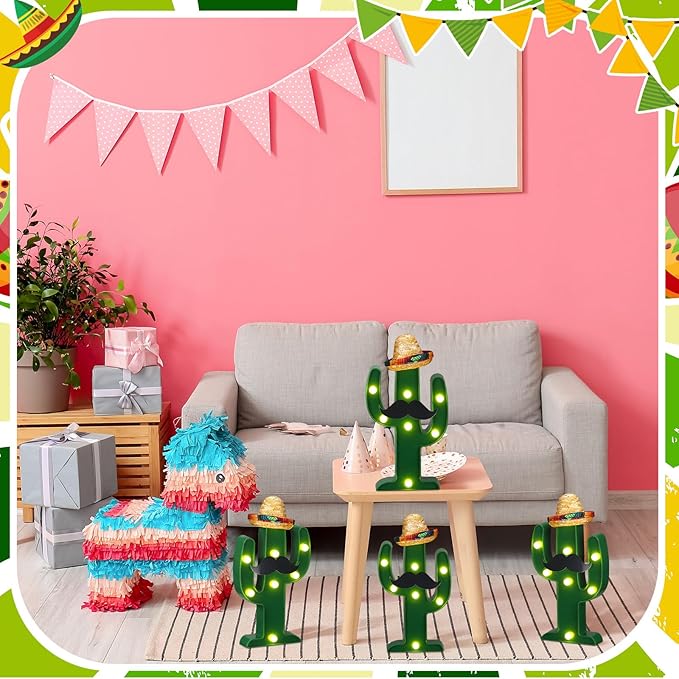 Fiesta Mexican Party Decoration LED Cactus Light with Mini Sombrero Straw Hats and Fake Beard Cinco De Mayo May 5th Table Decor Mexican Party Supplies for Fiesta Taco Table Room Bedroom Decor(12 Pcs)