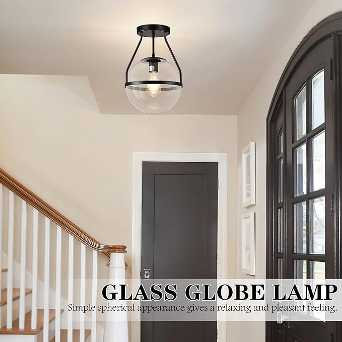 Bagood 10" Mid Century Ceiling Light Modern Black Semi Flush Mount Ceiling Light with Clear Glass Shade Globe Semi Flush Mount Ceiling Light Fixture for Bedroom Hallway Bathroom Foyer (Bulb Incl.)