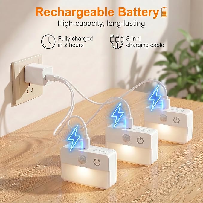 3 Pack Rechargeable Motion Sensor Stair Lights for Indoor, Wireless RGB Battery Operated Night Light, Magnetic Led Stick On Portable Lamp for Step Hallway Closet Under Cabinet Bedroom Kitchen Bathroom