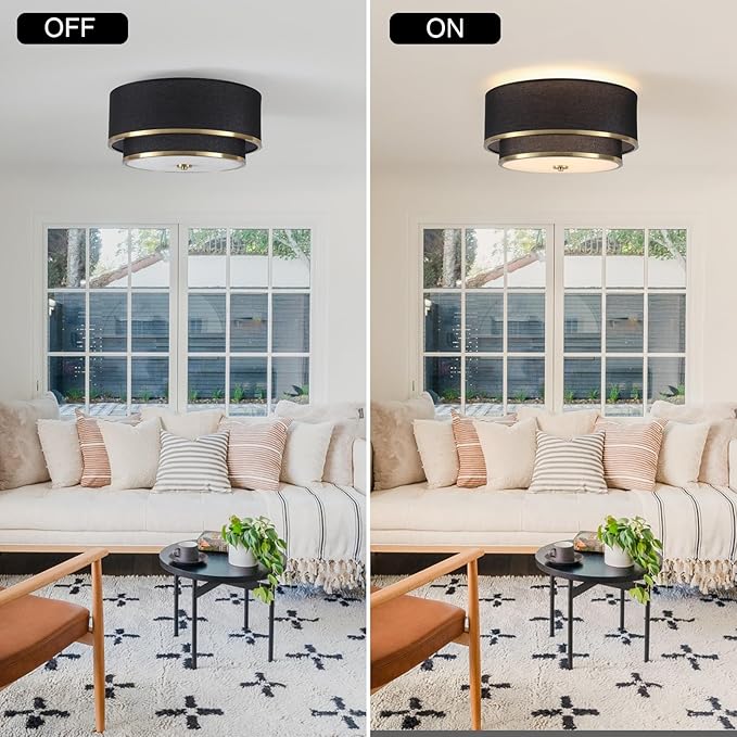 Luupyia 15.75 Inches Drum Ceiling Light Black and Gold, 3-Lights Fabric Simple Semi Flush Mount Ceiling Lights with Double Fabric Shade, Drum Overhead lighting for Bedroom Hallway Living Room E26, 60W