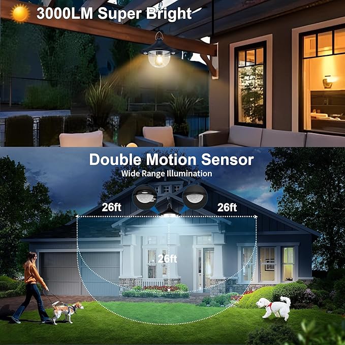 Solar Shed Light Indoor Outdoor Pendant Lights Solar Powered with 2 Motion Sensor, Waterproof Solar Hanging Lamp for Porch, Inside Home, Farmhouse, Gazebo, Chicken Coop, Daytime Available, 2 Pack