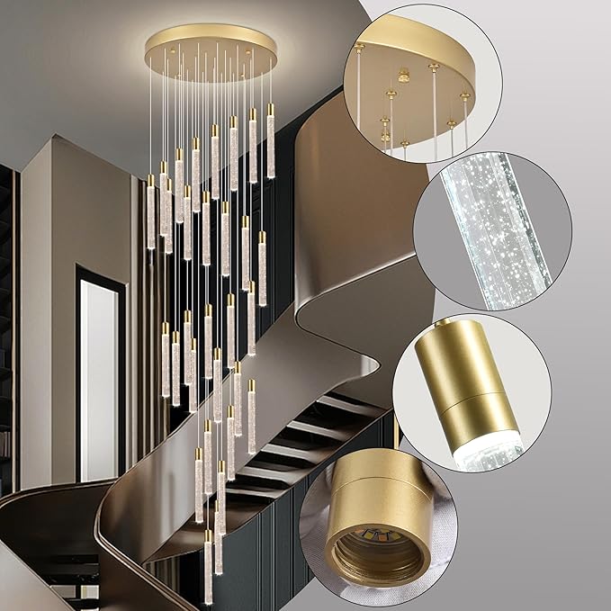 30-Light Gold High Ceiling Chandeliers Modern Crystal Chandeliers for Entryway Long Spiral LED Dimmable Chandelier Flush Mount Ceiling Staircase Foyer Living Room Ceilings Light Fixture