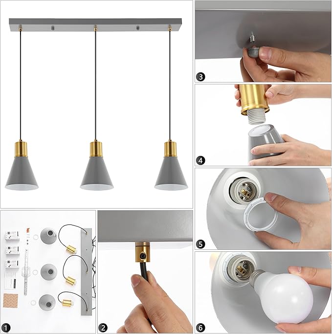 JONATHAN Y 33.5" Gray/Brass Gold Apollo Mid-Century Modern Iron LED Pendant, Black Metal Shade, Adjustable Hanging Ceiling Light for Kitchen Island, Hallway, LED Bulb Included (JYL6134C)