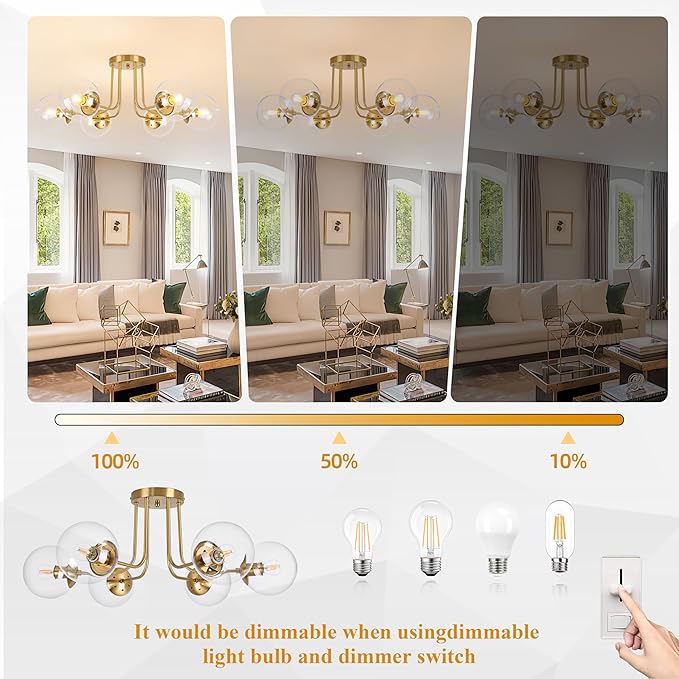 KoKo&Yukina 6-Light Mid Century Ceiling Light Modern Semi Flush Mount Ceiling Light Fixture Globe Ceiling Light with Clear Glass Shade Brushed Brass Finish for Bedroom Hallway Dining Room Living Room