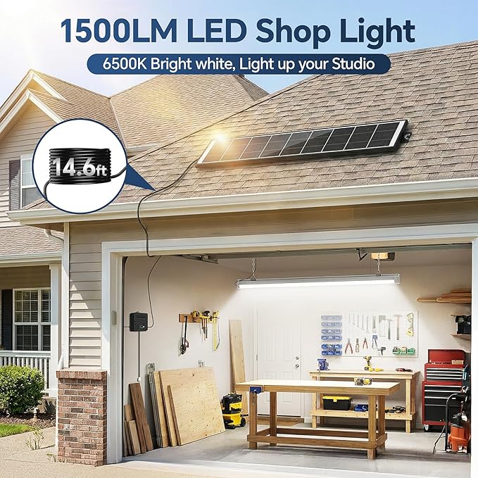 Solar Shop Light, 30 Inch Solar Shed Light – 1500LM LED Ceiling Light for Indoor Use, Dusk-to-Dawn Sensor & Remote, IP65 Waterproof Solar Shop Lights for Barn, 3 Modes, 6000mAh Battery 1Pack