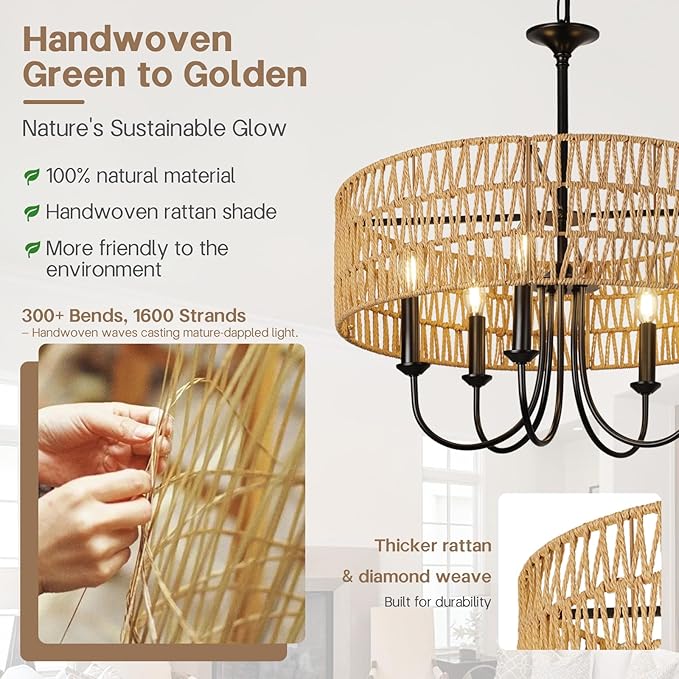 24 Inch Farmhouse Rattan Chandelier, Hand-Woven Boho Pendant Light Fixture with Black Metal Frame, Rustic Hanging Ceiling Lighting for Dining Room, Kitchen Island, Living Room, Bedroom