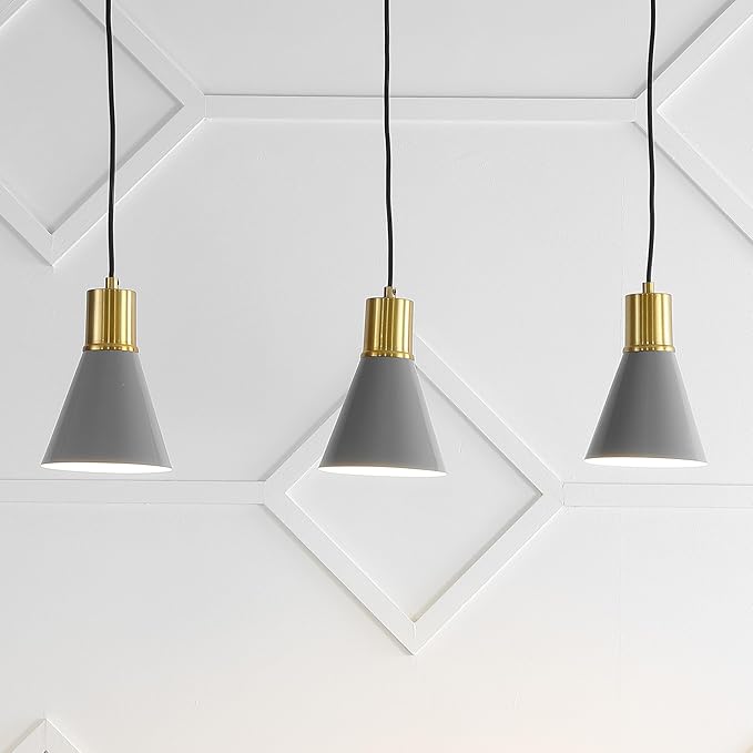 JONATHAN Y 33.5" Gray/Brass Gold Apollo Mid-Century Modern Iron LED Pendant, Black Metal Shade, Adjustable Hanging Ceiling Light for Kitchen Island, Hallway, LED Bulb Included (JYL6134C)