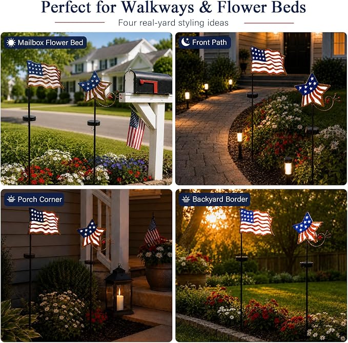 4th of July Decorations Outdoor Solar Lights, Metal American Flag Lights Patriotic Barn Stars Decorative Garden Stakes Light for Independence Day, Memorial Day Veterans Day Yard Path Lawn Decor