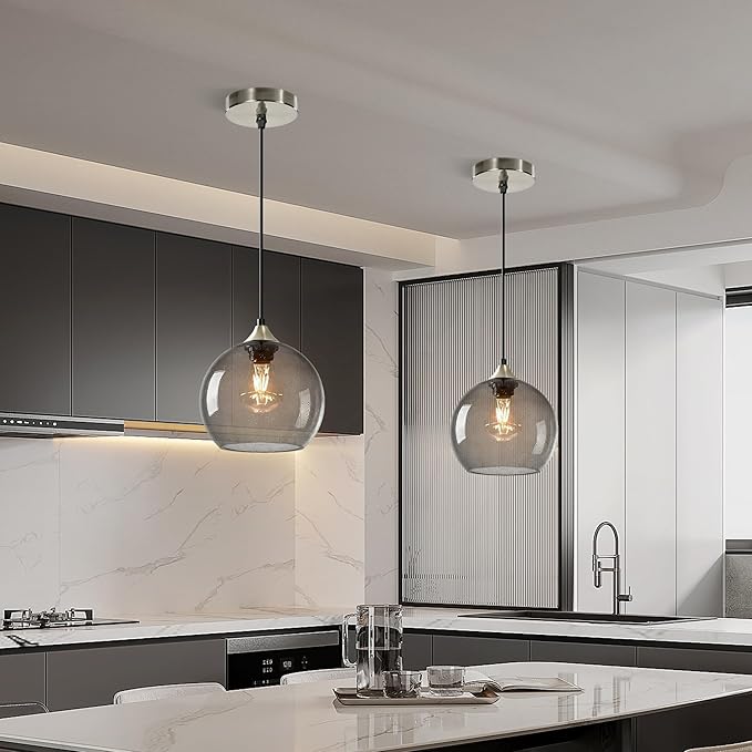 7.1in Medium Light Gray Glass Pendant Light for Kitchen Island, 2-Pack with Extra LED Bulbs & 4.92ft Adjustable Cord | Modern Minimalist Lighting for Dining Room, Living Room, Entryway
