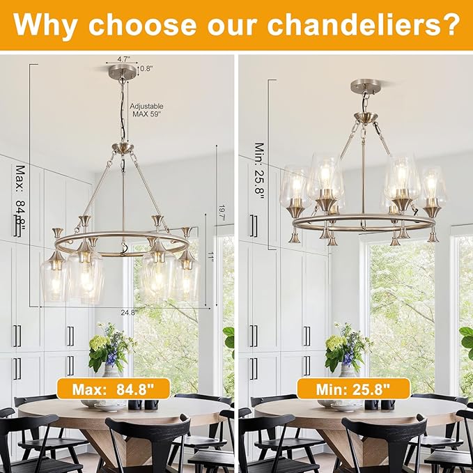 25" Farmhouse Chandelier, 6-Light Brushed Nickel Chandeliers for Dining Room Light Fixtures Over Table, Modern Industrial Hanging Lighting with Clear Glass Shade for Living Room, Kitchen Island, Foyer