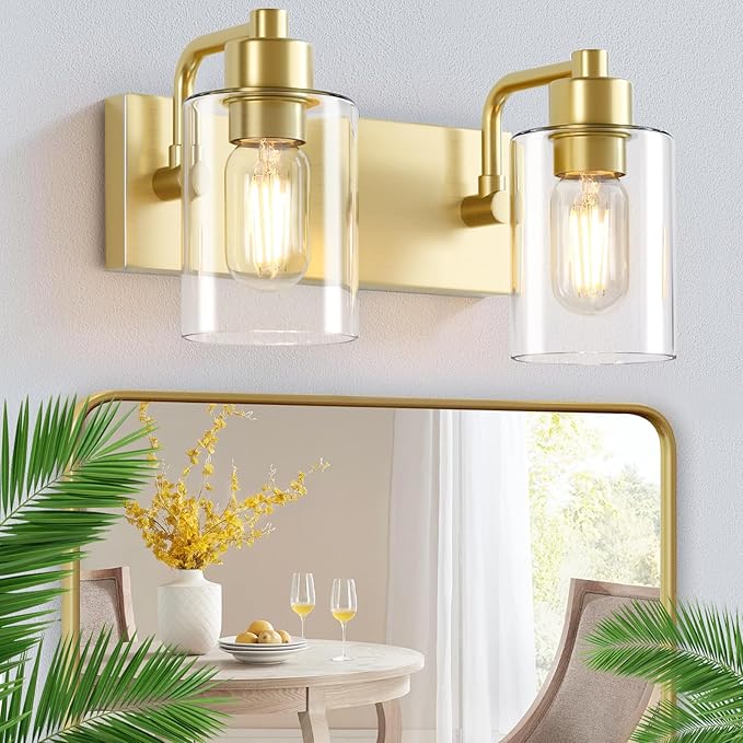 Dpyrrhic Gold Bathroom Light Fixtures,2-Light Bathroom Lights Over Mirror with Clear Glass Shade,Gold Light Fxiture Wall Sconces for Kitchen Living Room Bedroom