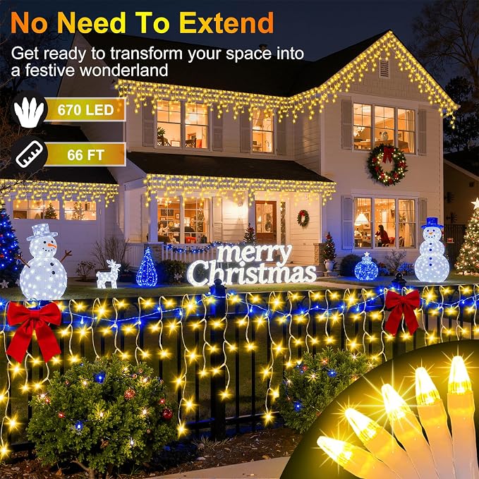 670 LED 66FT Christmas Lights with 148 Drops, 12 Modes Dimmable Warm white Outdoor Hanging Lights with Timer Memory, Waterproof Curtain Lights for Home Bedroom Indoor Tree Window Roof Fence Wedding