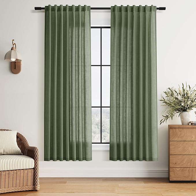 Nanspring Forest Green Linen Curtains for Living Room 72 Inches Long Light Filtering Semi Sheer Curtain Back Tab and Rod Pocket Wabi Sabi Boho Decor Luxury Drapes for Bedroom Office 52x72, 2 Panels