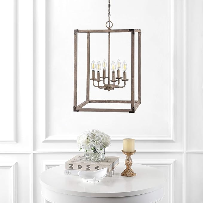 JONATHAN Y 16" Brown Rustic Farmhouse 6-Light LED Pendant, Adjustable Iron Lantern Chandelier for Kitchen Island, Barnwood Wood Grain Finish (JYL7476A)