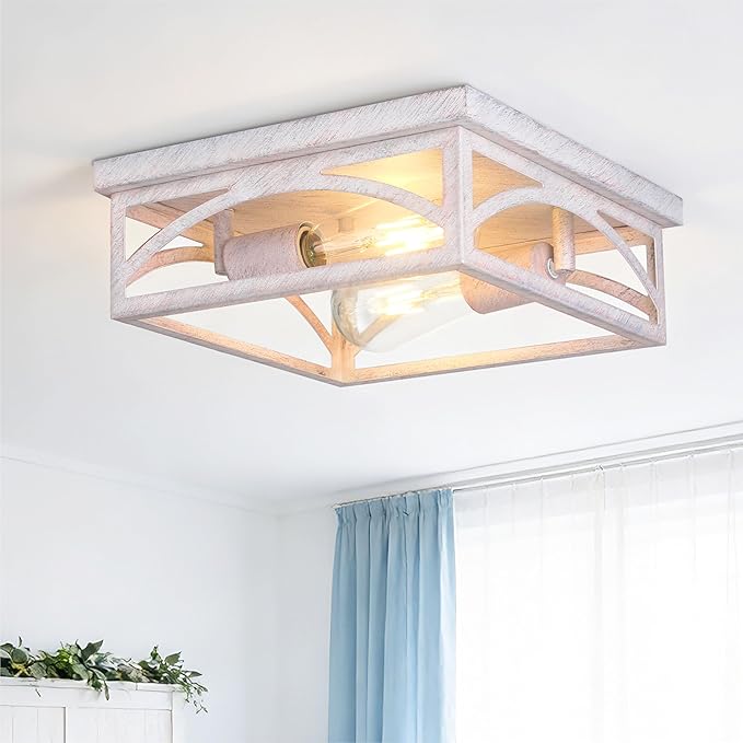 Rustic Flush Mount Ceiling Light Fixture, Farmhouse Close to Ceiling Light Fixture for Hallway Porch Bedroom, Kitchen Lights Ceiling, 1 Pack, White, Hand-Finished Wood-Look